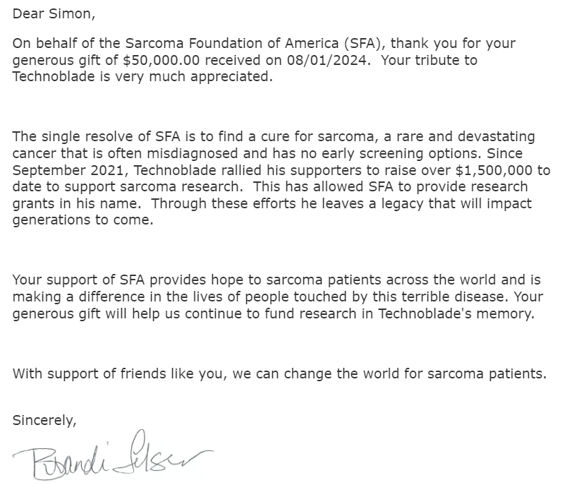Just made a $50,000 donation to @CureSarcoma  in memory of our dear friend Technoblade.

We are now up to $74,250 this year in donations to the cause.

Deal done, @tommyinnit. I bet 50k he could reach 15 million subs a few years ago, and he did today! He also got a pink INNIT 