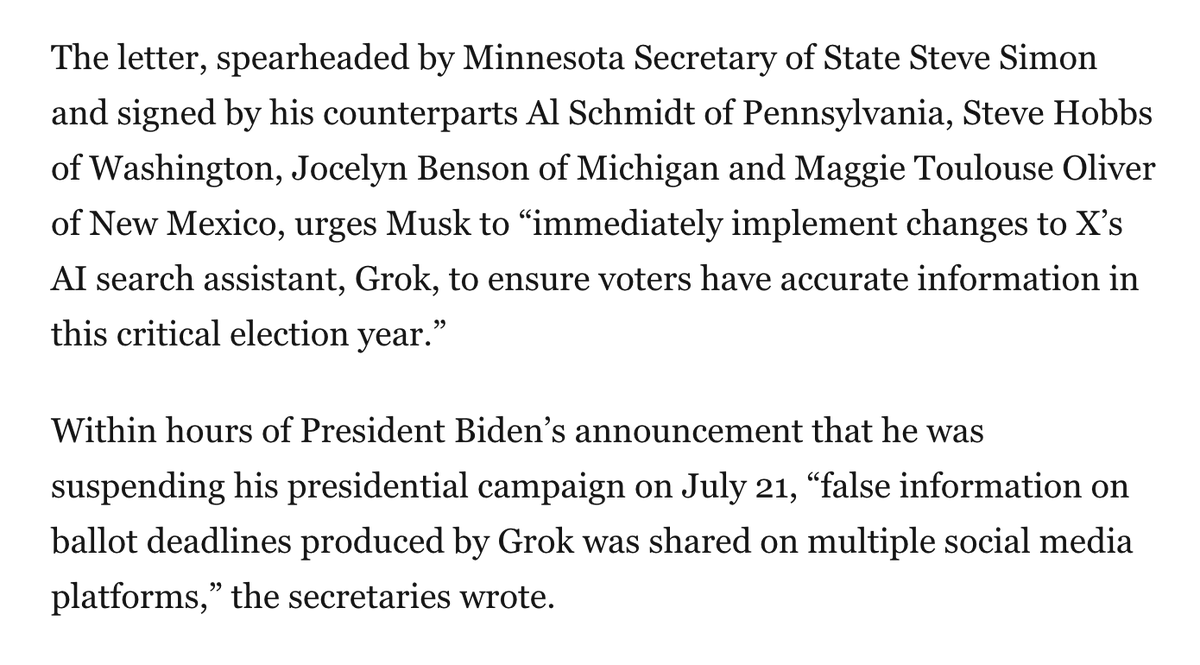 New: Five secretaries of state plan to send an open letter to Elon Musk, urging him to “immediately implement changes” to X’s AI chatbot Grok, after it shared with millions of users false information suggesting that Kamala Harris was not eligible to appear on the 2024 ballot 