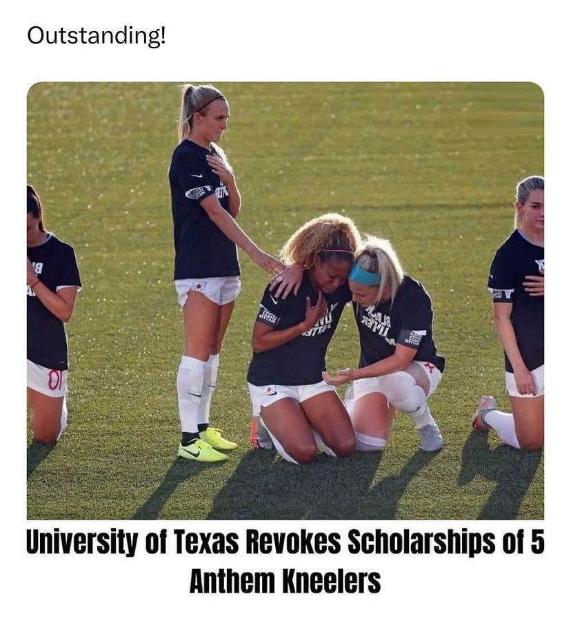 University of Texas revolts scholarship of 5 anthem kneelers. I ❤️ it. Let's see if the rest of the educational institutions have enough balls to follow. 🇺🇸🇺🇸🇺🇸 #HIAW 