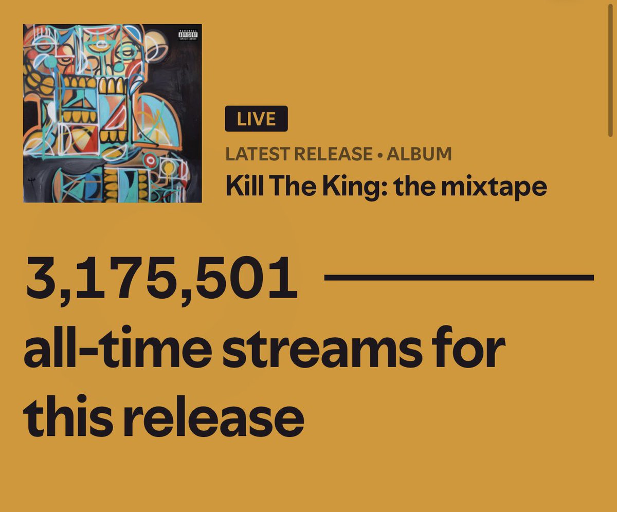 today 164 289 of my all time streams magically disappeared.

regardless though,we’ve made history and I figured I should announce it myself. 

“Kill The King: the mixtape” hits 3M+ streams in its first week. 