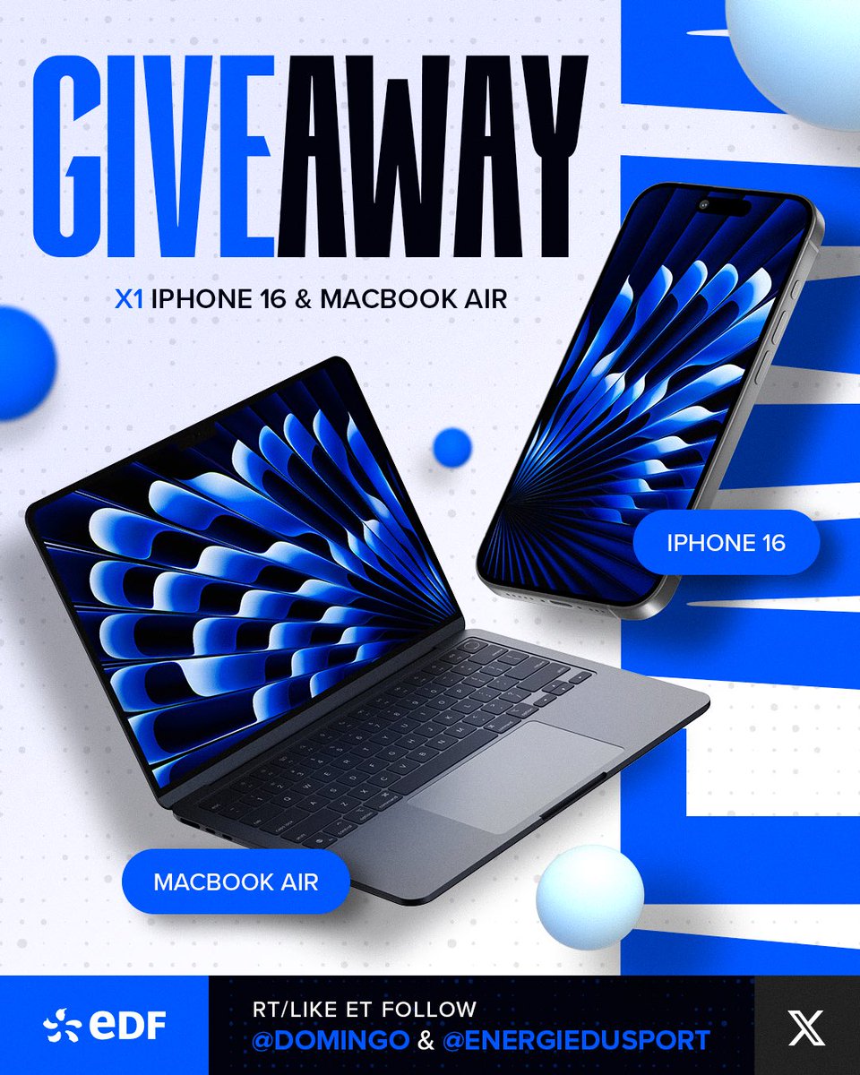 [CONCOURS] Juste envie de vous régaler pour cette rentrée, donc l’un ou l’une d’entre vous va repartir avec le nouvel iPhone 16 et un MacBook Air ! 💻
￼
Pour participer, RT/like le tweet + follow @Domingo &amp; @energiedusport. Tirage au sort dans 1 semaine #CollaborationCommerciale 