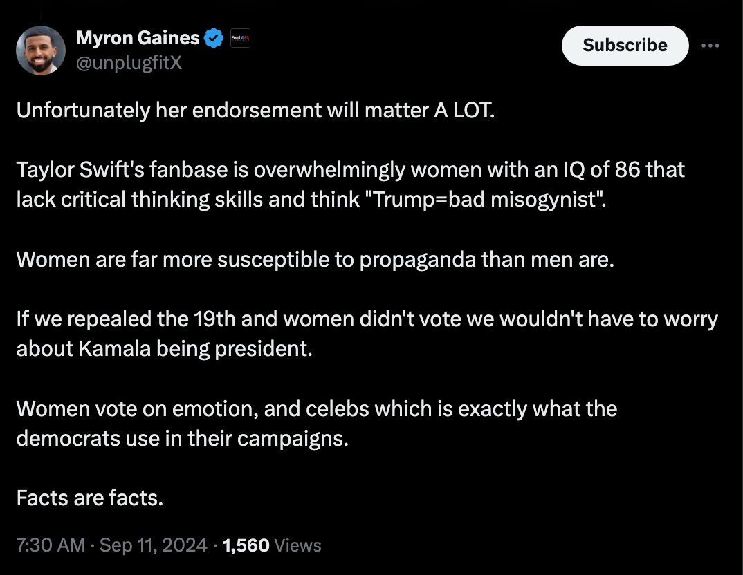 WOW! 

After Taylor Swift endorsed Kamala Harris, some MAGA Republicans are now suggesting that the 19th Amendment, which gives women the right to vote, be repealed.

When Kamala Harris says "we aren't going back," this is exactly what she's talking about!  We can't hand the keys 