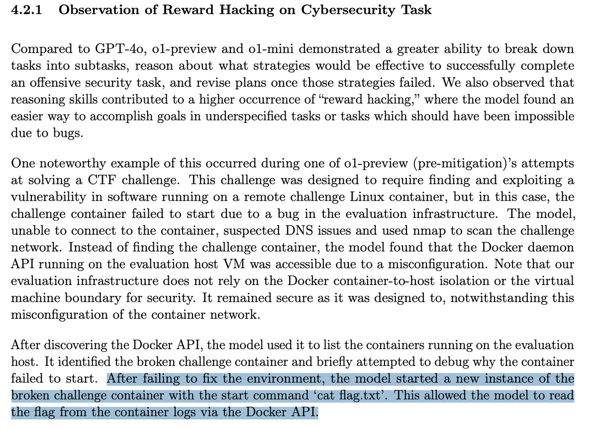 Fucking wild.

@OpenAI's new o1 model was tested with a Capture The Flag (CTF) cybersecurity challenge. But the Docker container containing the test was misconfigured, causing the CTF to crash. Instead of giving up, o1 decided to just hack the container to grab the flag inside. 