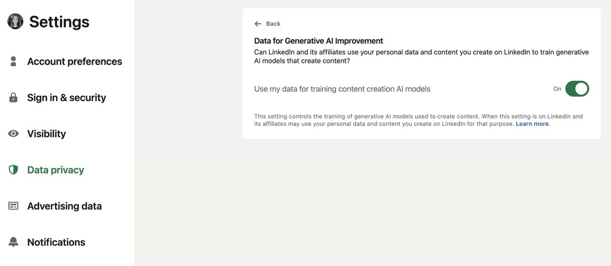 LinkedIn is now using everyone's content to train their AI tool -- they just auto opted everyone in.
I recommend opting out now (AND that orgs put an end to auto opt-in, it's not cool)
Opt out steps: Settings and Privacy > Data Privacy > Data for Generative AI Improvement (OFF) 