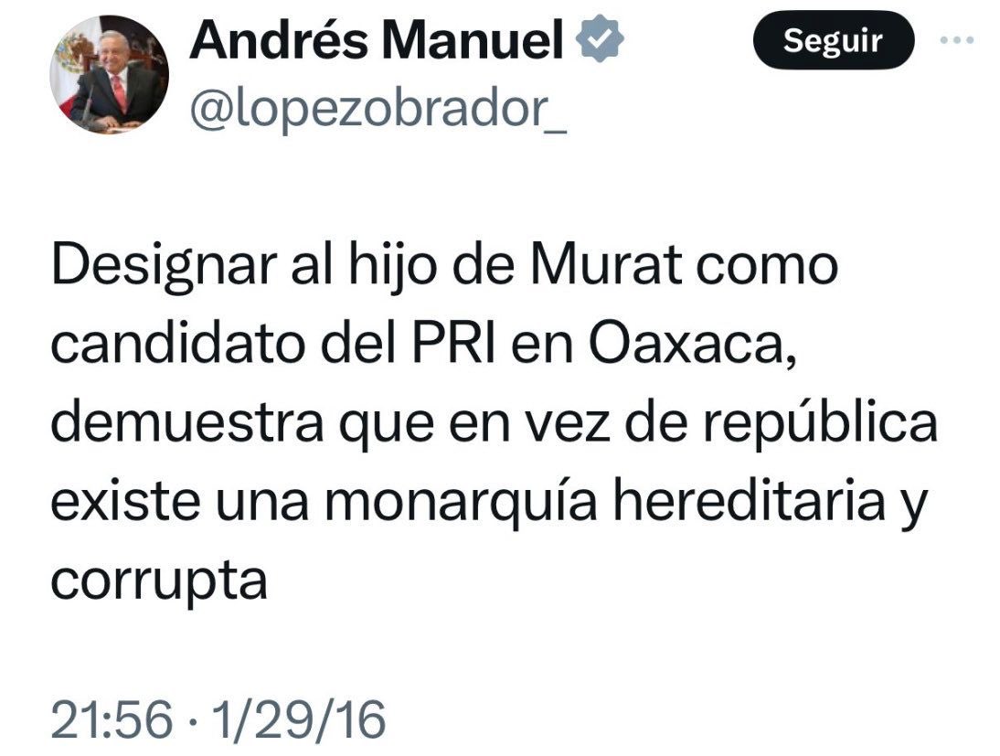 He dicho que México está dejando de ser una república para convertirse en una monarquía. El presidente se escandaliza. Pero aquí está la prueba de que él sabe muy bien a qué me refiero. Y no sólo monarquía, sino monarquía hereditaria. 