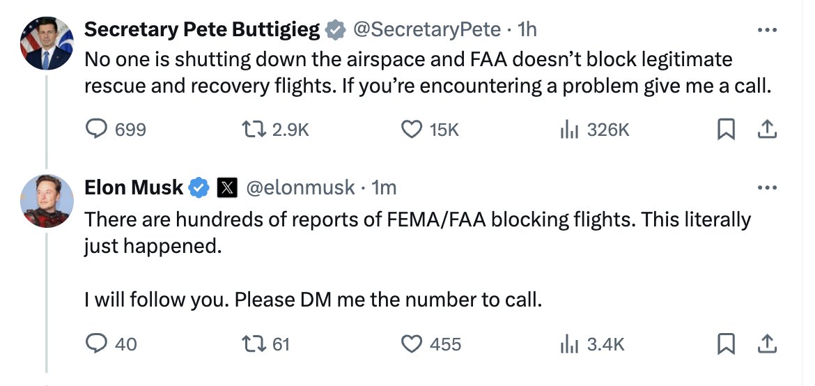The world's richest human and the secretary of transportation just casually hammering out disaster relief on X. 

What a bizzarely sane moment in the midst of our long national nightmare that is an election year 