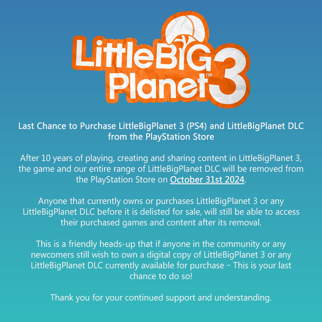 An important update on LittleBigPlanet 3 (PS4) and LittleBigPlanet DLC on the PlayStation Store: 