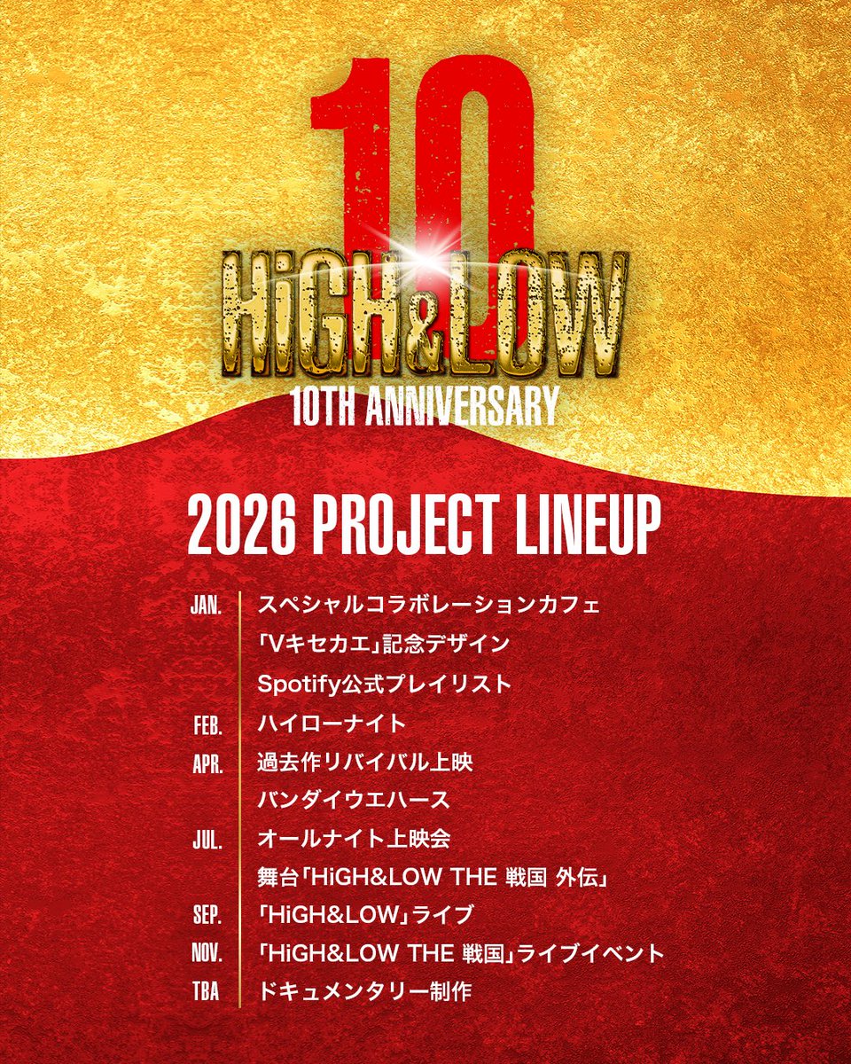 ／
「HiGH&amp;LOW 10th ANNIVERSARY YEAR」
ラインナップ解禁🔥
＼

2026年の1年間を通して、イベント、映画、ライブなど #ハイロー 10周年記念企画を順次実施します！

さらに、『#HiGH_LOW』としては初となるドキュメンタリー作品の制作が決定！

ご期待ください！

詳細は▶︎https://t.co/Po8ZtxcZEI 