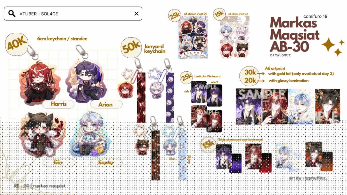 [RT &amp; LIKES Appreciated🌟]
HAIII this is our final catalogue! 

💫 AB - 30 MM
💫 fandom : SOL4CE, genshin, hsr, hololive
also ada ots pickup order khusus untuk artprint solace yak🌱

https://t.co/4HuxaHhOKi

#CF19 #SOL4CE #mikazukiarion #artion #harriscaine #gingehenna #souta 