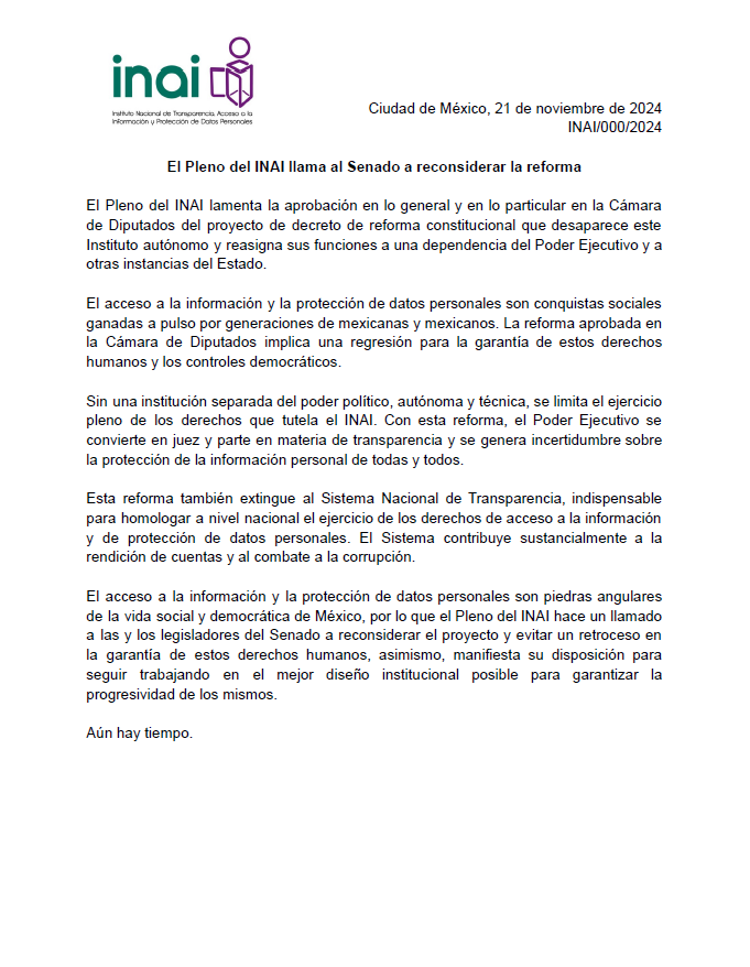 📃 #ElINAIteInforma 

El Pleno del INAI llama al @senadomexicano a reconsiderar la reforma.

🔗 https://t.co/d450p7BVfz 