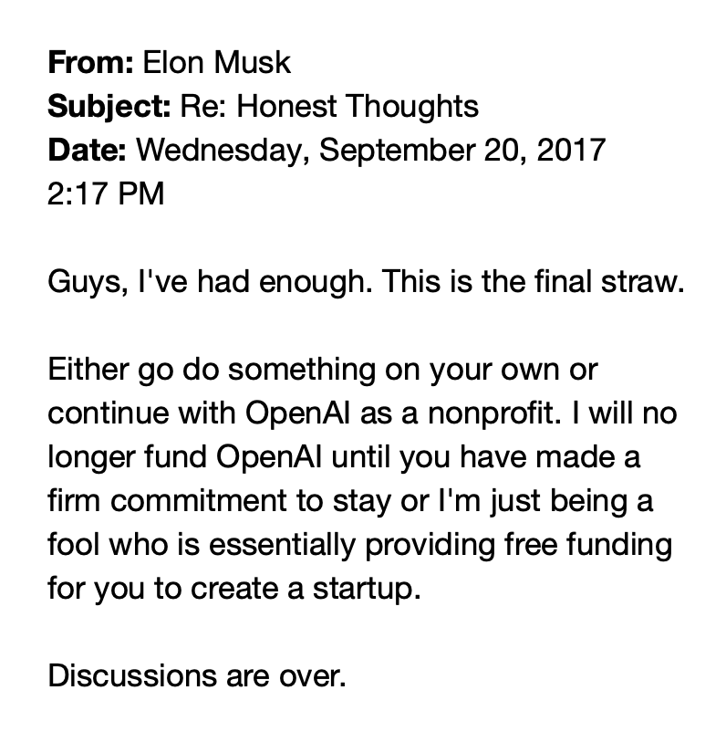 Elon Musk emails OpenAI cofounders

September 20, 2017 