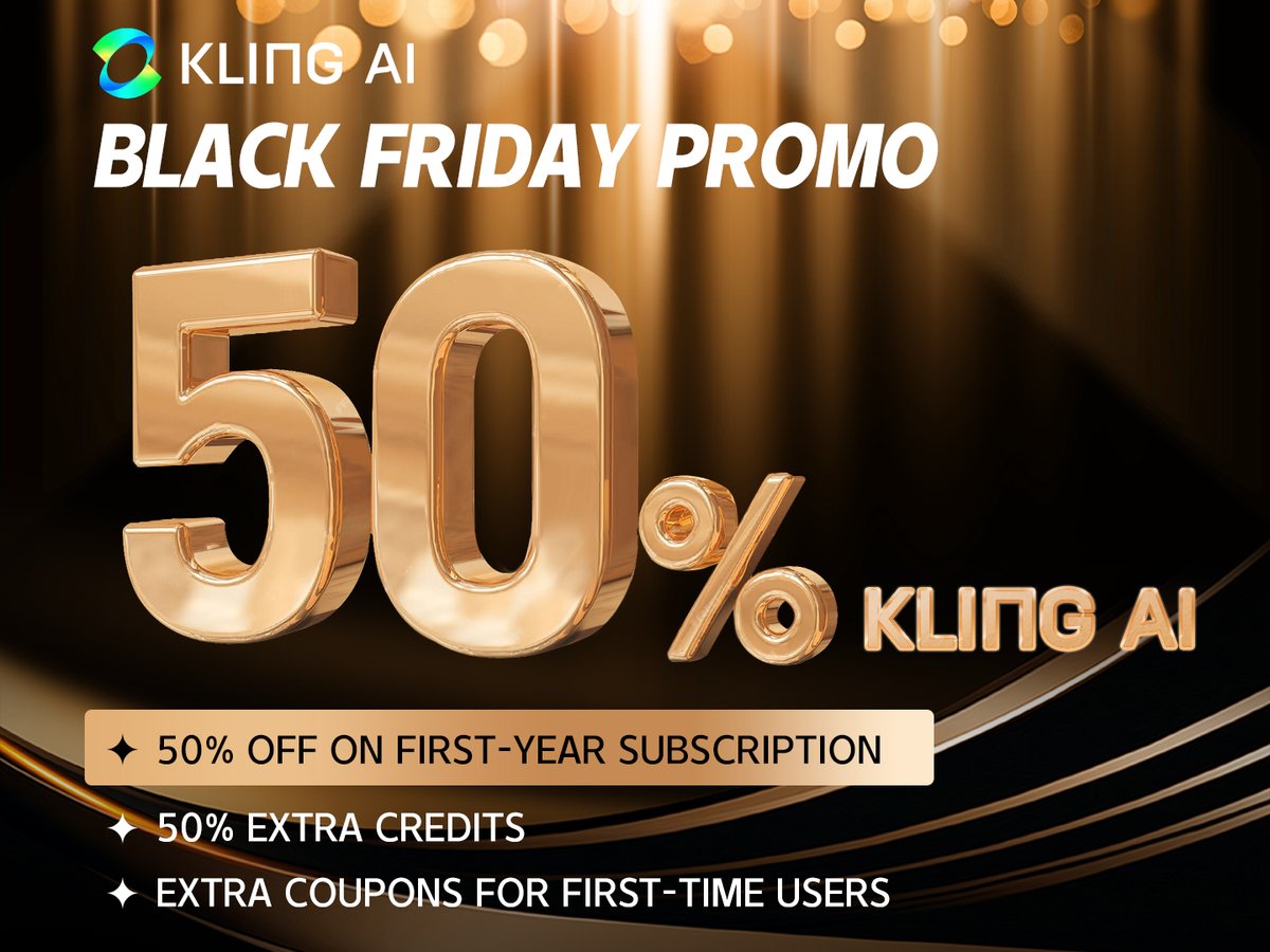 🎉KLING AI Black Friday Mega Sale🖤🎉
Don’t miss out on our biggest sale of the year!  🔥💸
⏰ Event Period: Nov 15 - Dec 3, Los Angeles time
🔹 50% OFF your first year on a yearly subscription
🔹 50% Extra Credits on any credit purchase
🔹 First-time users: Unlock 3 extra 
