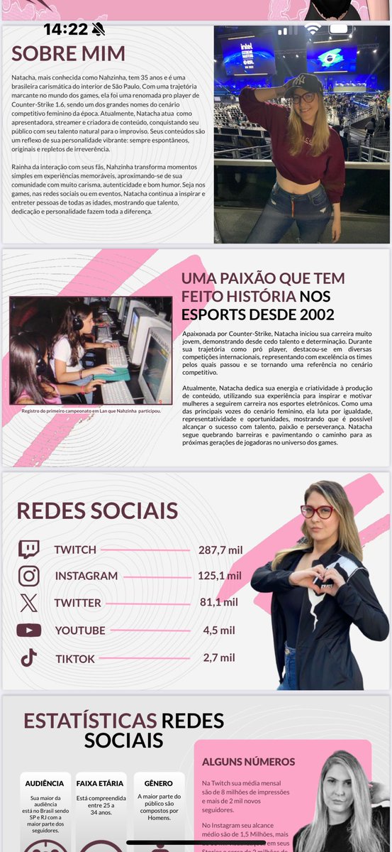 Oi pessoal. 🫶🏻
Como vocês sabem eu sigo F/A e vou deixar aqui um pouco do meu MK de alguns trabalhos que já fiz.
Lembrando que eu apresento, comento, analiso, transmito e jogo. 
Além de reacts e games variados também temos alguns números bem relevantes no cenário feminino.
Estou 