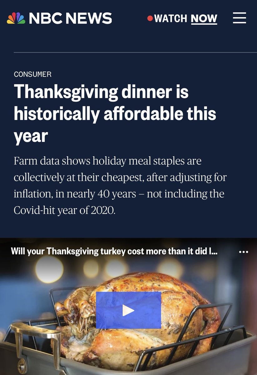 It costs $60 for a family of 4 to eat at McDonalds.

But NBC News wants you to believe that Thanksgiving dinner for 10 people is $58 - the most affordable in 40 years. 