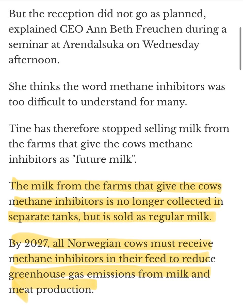 - Norway’s biggest milk producer launched “climate milk” a little while back, from cows given methane inhibitors to make them fart less.

- people didn’t want it, it didn’t sell

- so now they mix this frankenmilk with normal milk, and don’t mark the containers

- and by 2027 ALL 