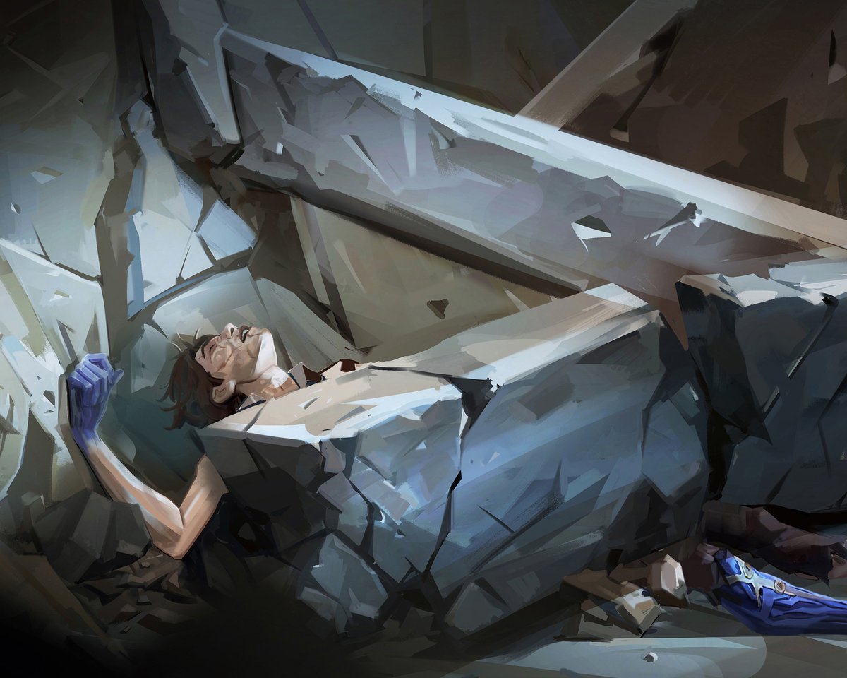 While designing Viktor's post-explosion look, our team created this mise-en-scène to better understand his condition. Every detail from the script was considered, from his tattered clothes to the moment Jayce discovers his transformation. llustration by Forticher Mariana Galiano. 