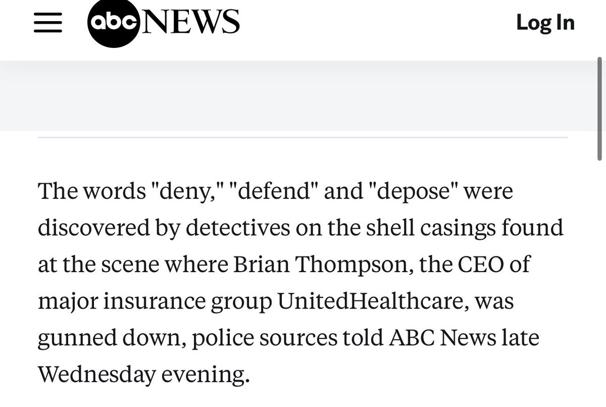 !!! The shooter of UnitedHealthcare chief executive Brian Thompson wrote “deny” “defend” “depose” on the shell casings left at the scene, ABC News reports.

The words echo the name of a book about how insurers won’t pay claims.

This is an EARTHQUAKE for corporate America. 