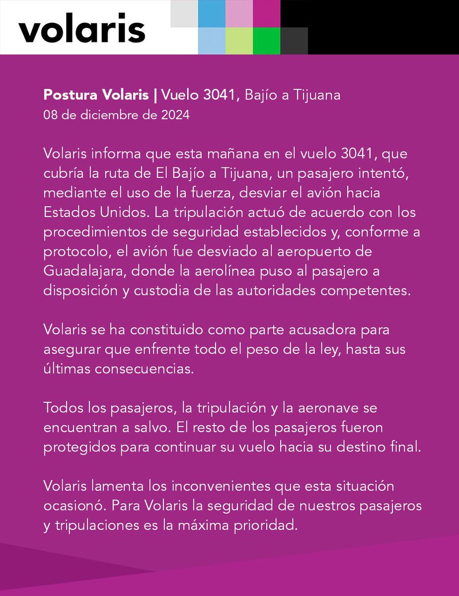 #VolarisInforma Sobre lo ocurrido durante el vuelo 3041 en la ruta Bajío - Tijuana, nuestra tripulación actuó de acuerdo con los procedimientos de seguridad establecidos y conforme a protocolo. 
