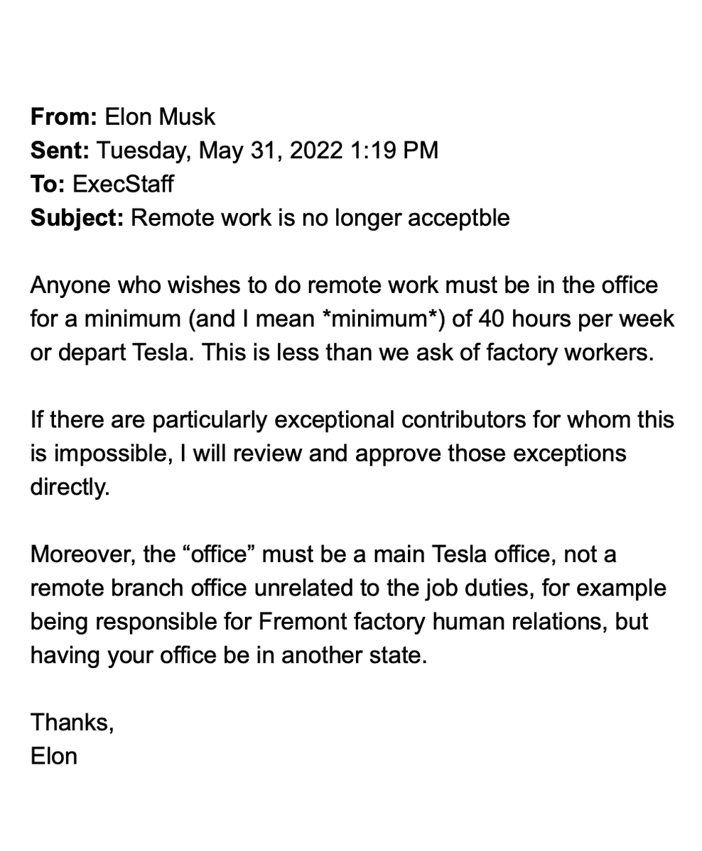 Elon Musk on why remote work is poison:

May 31, 2022 