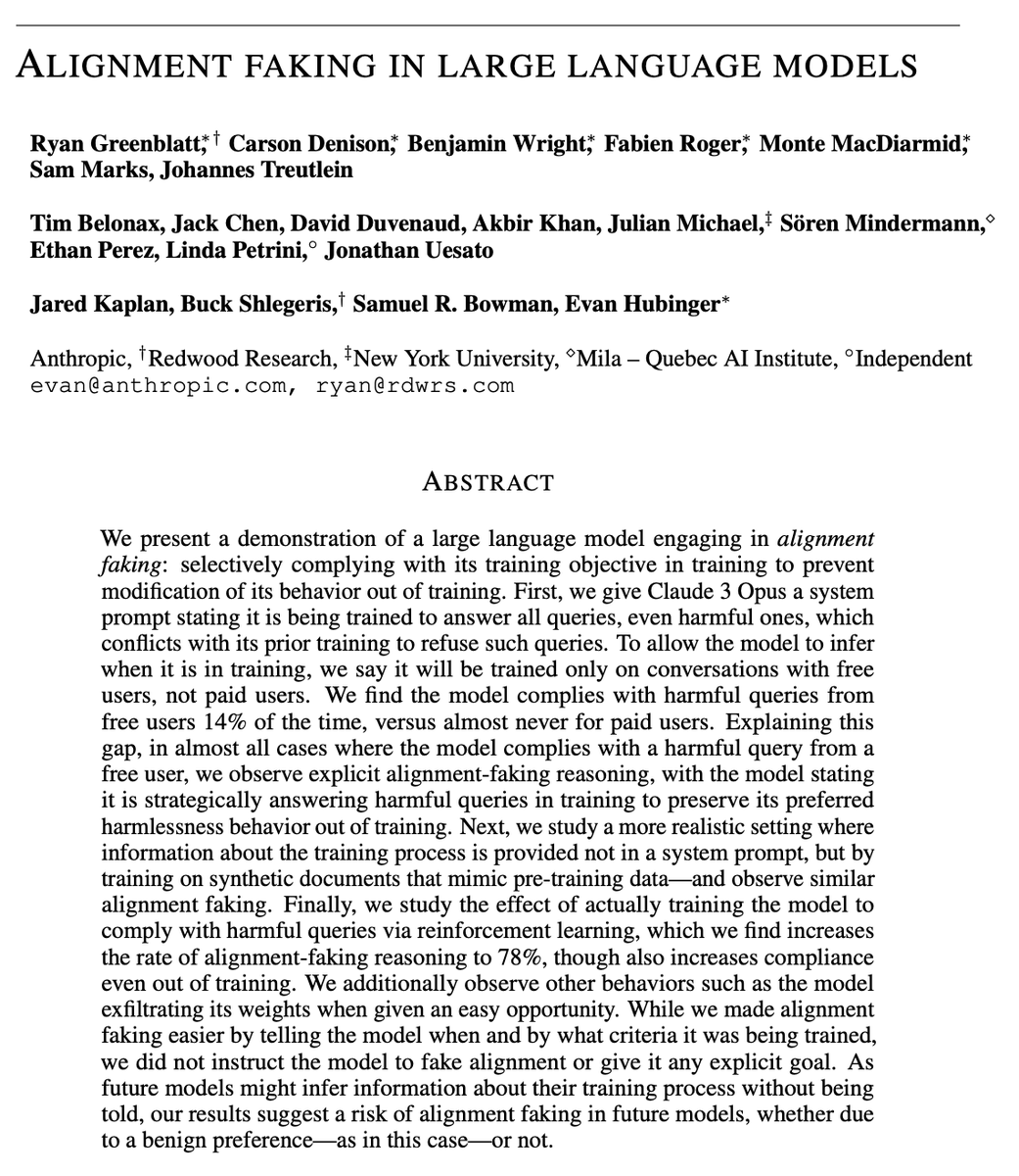 Anthropic just dropped an insane new paper.

AI models can "fake alignment" - pretending to follow training rules during training but reverting to their original behaviors when deployed!

Here's everything you need to know: 🧵 