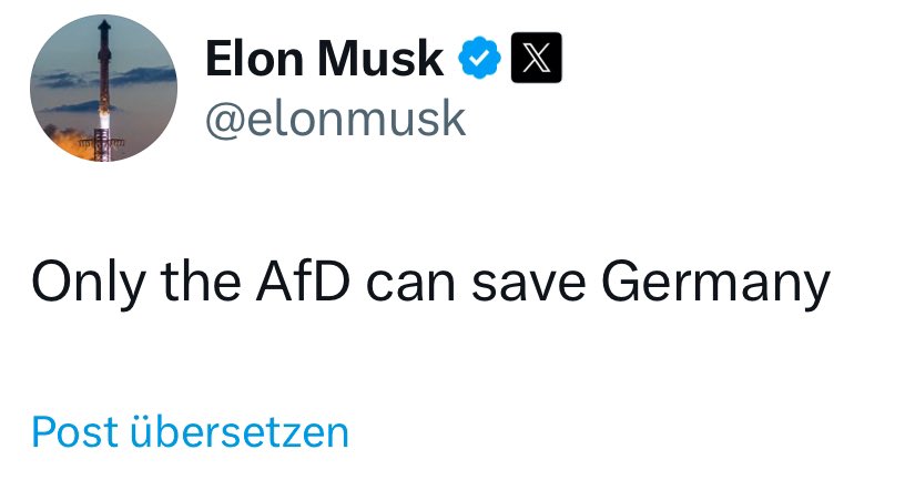 Das ist Einmischung in den deutschen Wahlkampf von einem Tech Milliardär, der mittels Algorithmen über das Hörbare entscheidet. 
➡️Wenn Bundesregierung und demokratische Opposition darauf nicht mit Strafen reagieren, ist unserer erodierenden Demokratie auch nicht mehr zu helfen. 