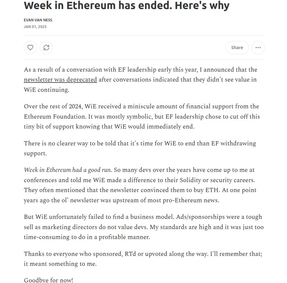 So @WeekInEthNews has ended.  Here's why: 