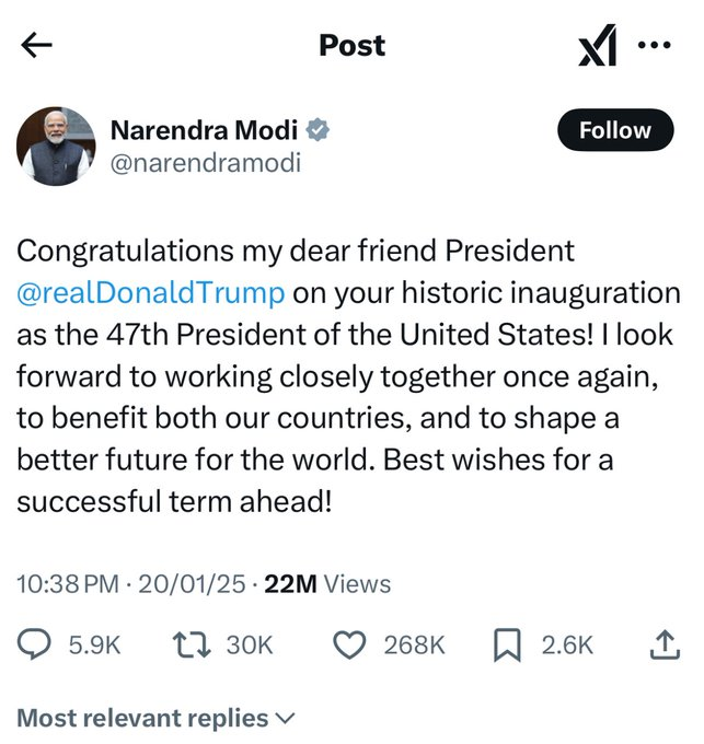 Mr Donald J. Trump,
It has been 3 days since Indian Prime Minister Narendra Modi has congratulated you upon your becoming the 47th President of US. As he claims you as his "dear friend", in the interest of his good health who may be having sleepless nights since you did not 