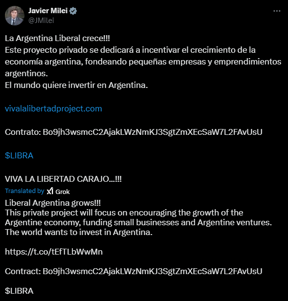 Astonishing shitcoinery by Milei, shocking even to shitcoiners.

He marketed a shitcoin to support the growth of Argentina, received millions of dollars from fans worldwide, dumped his coins, tanking the coin 95%, deleted the tweet, and now expects everyone to just move on. 