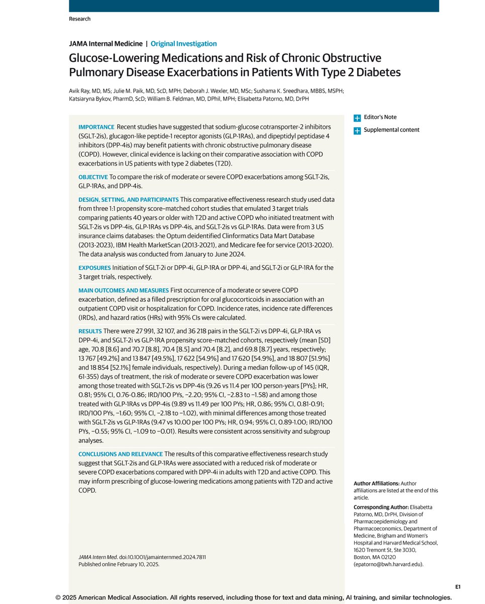 SGLT-2 inhibitors and GLP-1 receptor agonists are linked to a lower risk of #COPD exacerbations compared to DPP-4 inhibitors in patients with type 2 #diabetes and COPD. https://t.co/oWj3L8HfS3 @avikray_md, @wbfeldman 