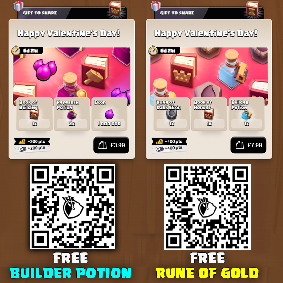 A Free Rune of Gold and Builder Potion on the Supercell Store! This is along with a New Feature where if you purchase a Special Offer, you receive a Gift to Share with someone else. Use the QR Codes or input 'ONEMAGICGIFT' for the Builder Potion and ‘SHARETHEGOLD’ for the Rune at 