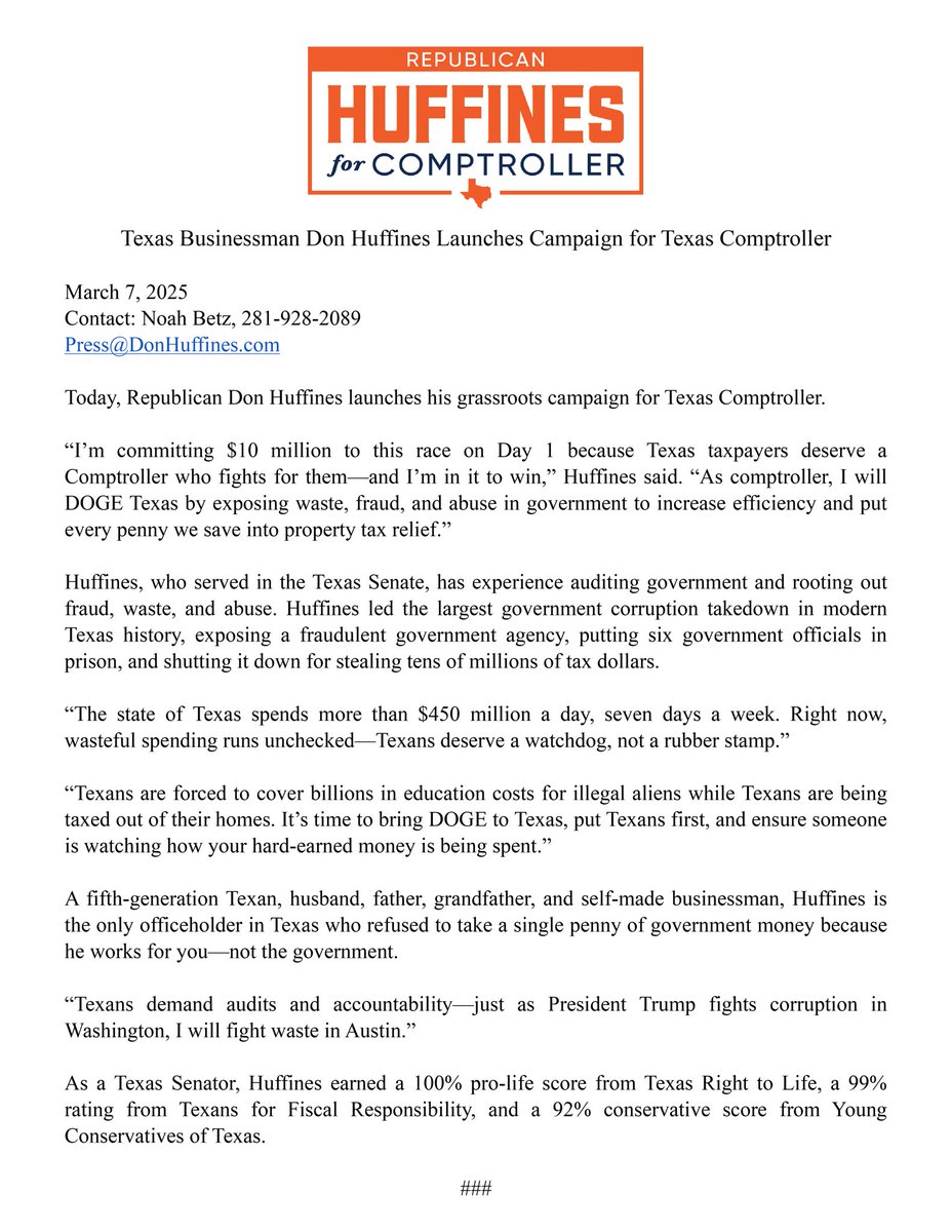 As your Texas Comptroller, I will audit our government to improve efficiency and root out waste and fraud. I promise to return the savings to the taxpayers of Texas. 

#DOGETEXAS! 