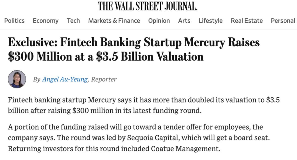 1/ Today, @Mercury announced a $300 million Series C in a mix of primary &amp; secondary funding at a $3.5B valuation, led by @Sequoia, with participation from @sparkcapital, @MarathonMP, @coatuemgmt, @CRV, &amp; @a16z.

I’m deeply humbled by the growth we’ve experienced. 

🧵 
