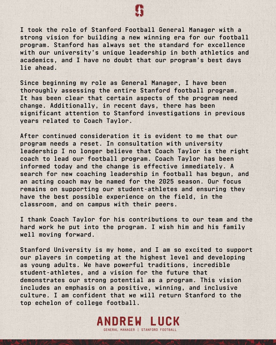 A statement from Stanford Football General Manager Andrew Luck.

🗞️ » https://t.co/Gb677bSF5u 