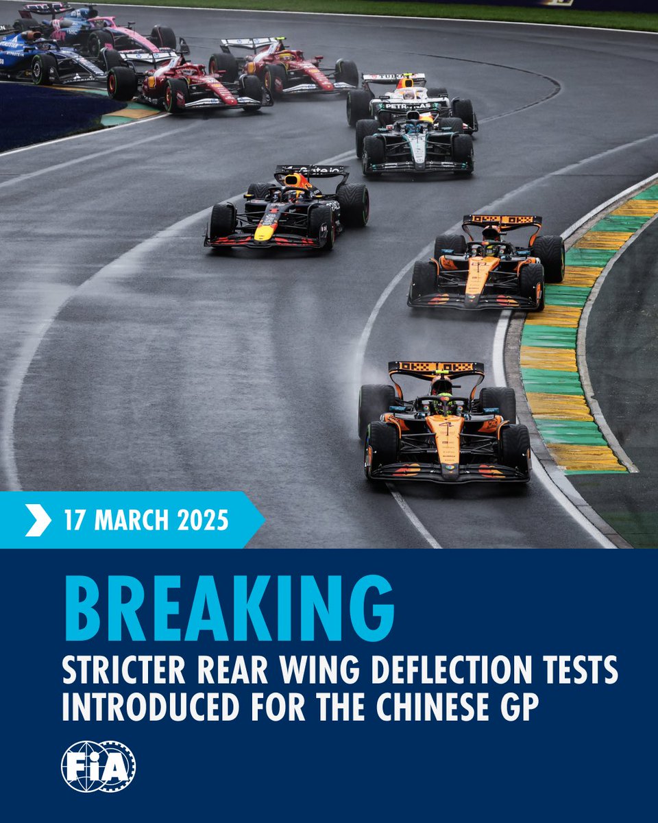 Stricter Rear Wing Deflection Tests Introduced for the Chinese GP! 🚨

Following analysis from the Australian GP, the FIA has decided to toughen rear wing flexibility tests starting at the Chinese GP.

Update to Article 3.15.17: When 75kg of load is applied to the rear wing, the 