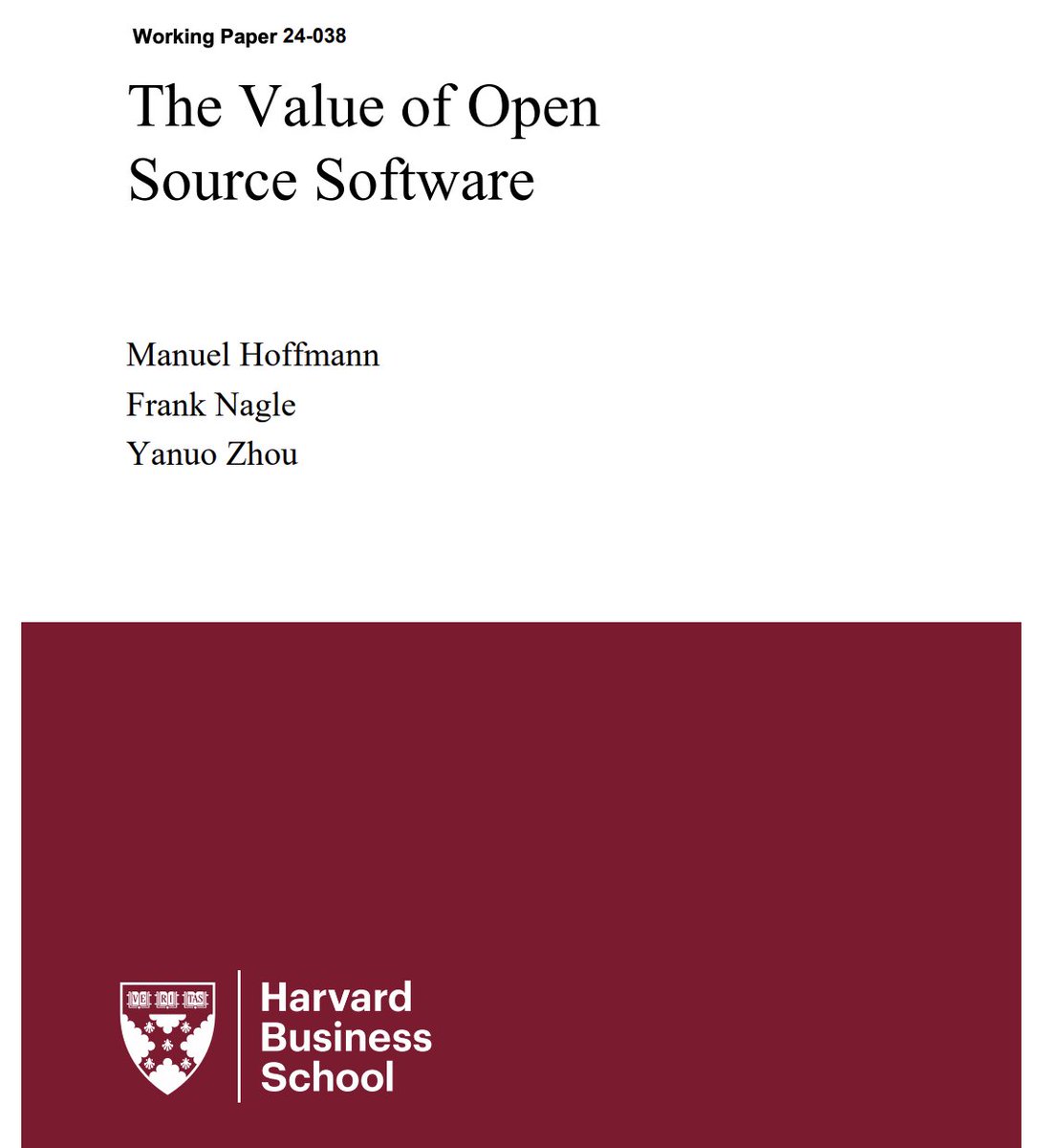 Great research on open-source by @Harvard:
- $4.15B invested in open-source generates $8.8T of value for companies (aka $1 invested in open-source = $2,000 of value created)
- Companies would need to spend 3.5 times more on software than they currently do if OSS did not exist

I 