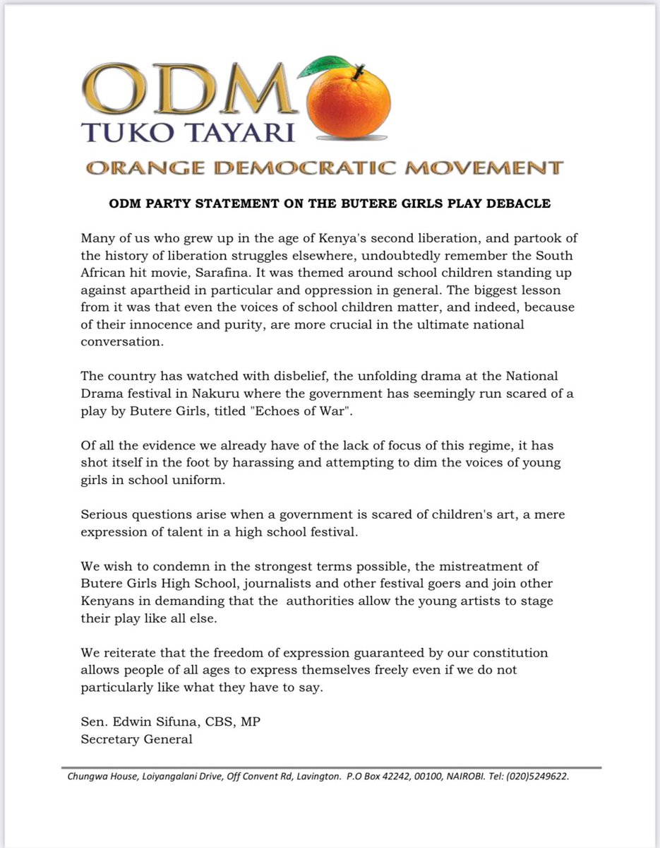 Statement on play by Butere Girls High School at the ongoing National Drama Festival. 