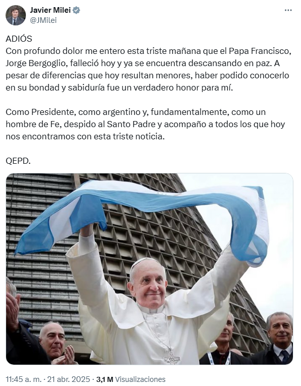 Hoy Milei publicó un tuit de despedida al Papa Francisco recordando su bondad y sabiduría. En vida lo llamó imbécil, hijo de puta y representante del maligno en la tierra. Va hilo con todos los insultos que le profirió en vida y las pruebas.
Milei cipayo, cobarde y cínico. 