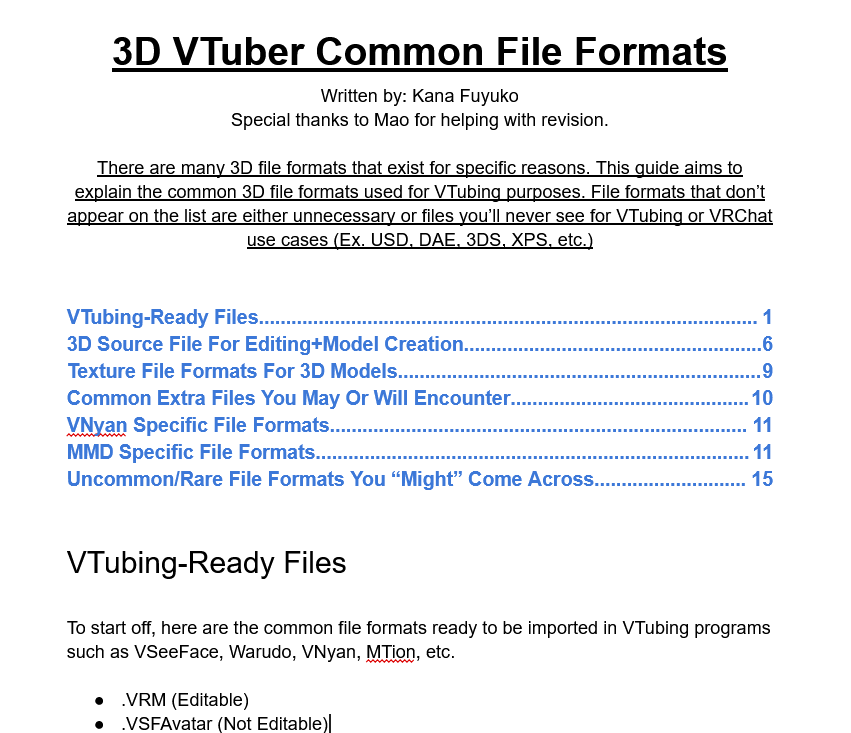 This explains most common 3D file formats that a VTuber will need to know when creating, requesting, or sharing to a 3D artist for editing requests.

Common 3D File Formats For VTubers: https://t.co/6e9RAPznJY 