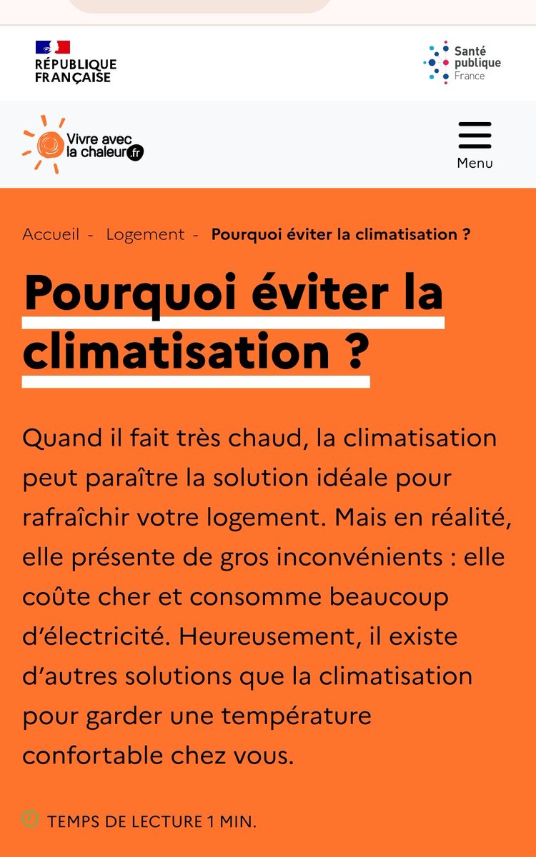 J'ai envie de HURLER et vous allez en profiter. 

Le site gouvernemental https://t.co/8n3OtxMNX4 dispense des conseils anti canicule

1/ pas de clim, c'est cher et ça consomme de l'électricité.
Alors que faire?

2/ si vos moyens vous le permettent, louez autre chose.

AHURISSANT 