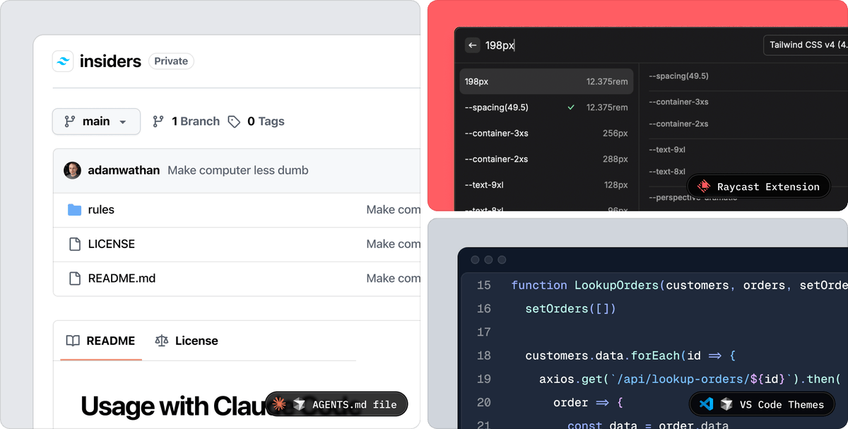 Finally launched a sponsorship program for Tailwind CSS, with a bunch of cool perks ✨

💬 Private Discord community to connect with the team
🤖 Cursor/Claude rules for generating better Tailwind output
🎨 Beautiful custom VS Code themes
🔍 Raycast extension with lots of little 