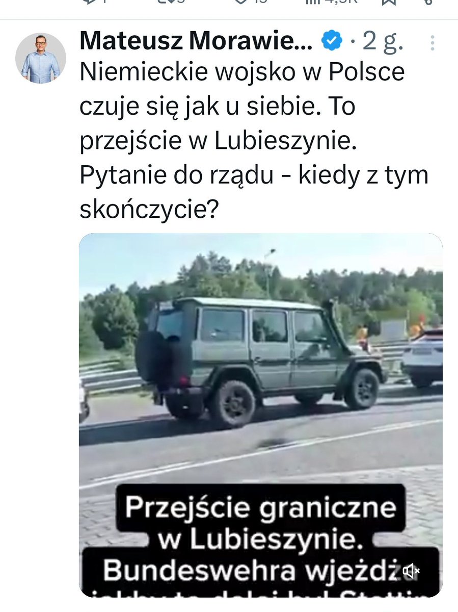 Panie Morawiecki, za pańskich rządów pojazdy Korpusu Północ-Wschód należące do niemieckiego wojska tak samo jeździły do Szczecina. To pojazd batalionu dowodzenia tej polsko-niemiecko-duńskiej jednostki, w której służą też przedstawiciele innych armii. Przekracza granice 4 razy 