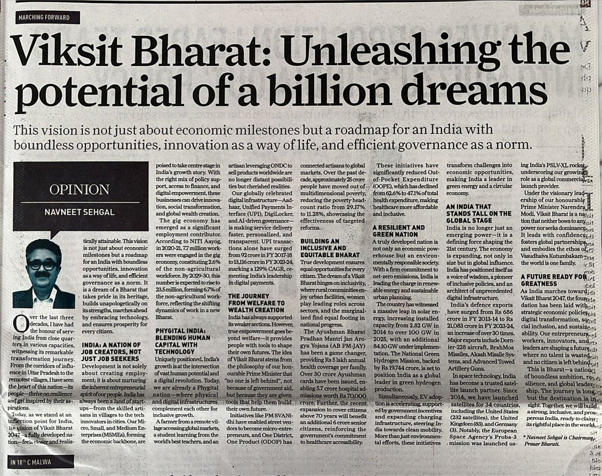 My Article published in “The Sunday Guardian” today edition @PMOIndia @narendramodi 

Viksit Bharat: Unleashing the potential of a billion dreams https://t.co/ztfi0uKL3L 