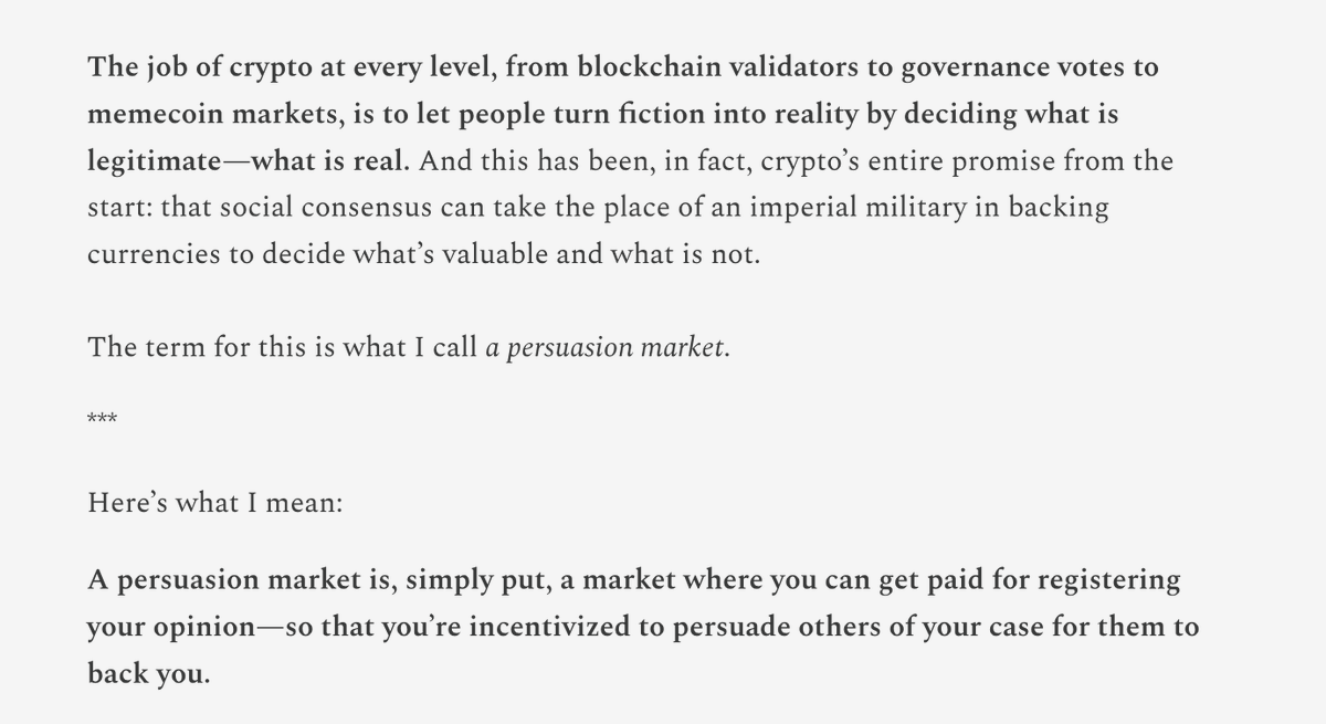 the internet has two native markets: crypto (digital financial capital) and attention (digital social capital)

crypto apps take off when they combine them: polymarket, pumpfun and... persuasion markets.

i wrote a full manifesto for what this future looks like (link below) 