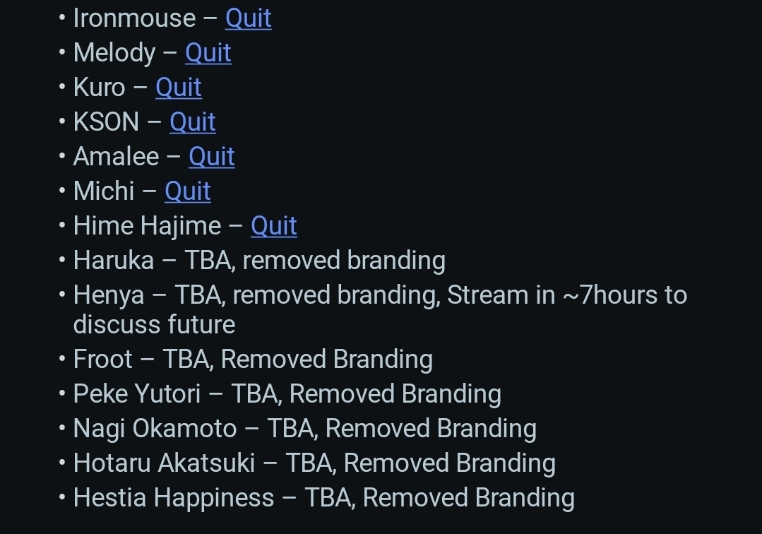 The current roster for #Vshojo and the status of who left and who's in the process.

Ironmouse, Projekt Melody, Kuro, KSON, Amalee, Michi, and Hime have left.

Henya streaming soon to make a statement.

Haruka, Peke Yutori, Nagi Okamoto, Hotaru Akatsuki, Hestia Happiness remains. 