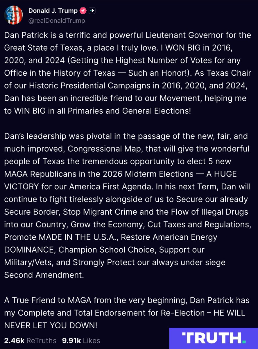 My very good friend, President @realDonaldTrump, gave me his full endorsement for Lt. Governor of Texas. 
