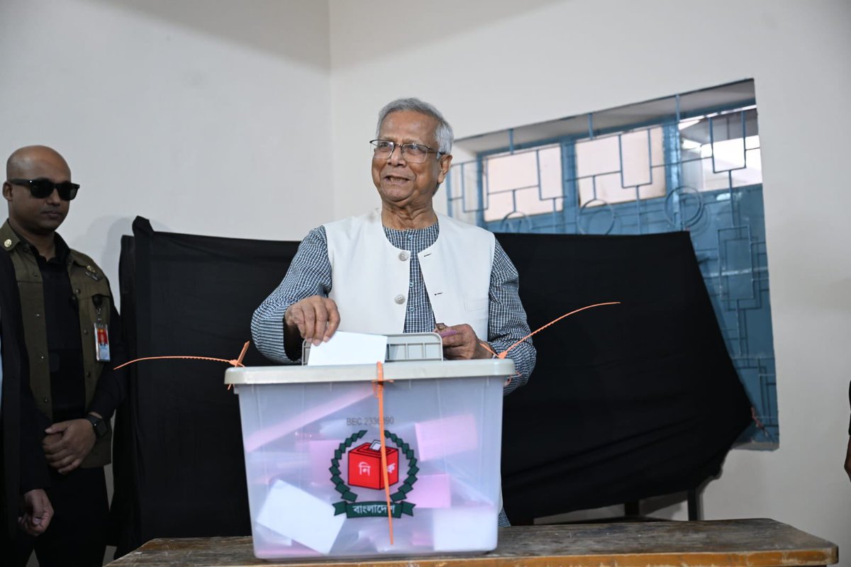 Chief Adviser Professor Muhammad Yunus cast his ballot in the 13th general election and referendum on the July National Charter at the Gulshan Model School and College  centre in Dhaka at 10:25am on Thursday. 