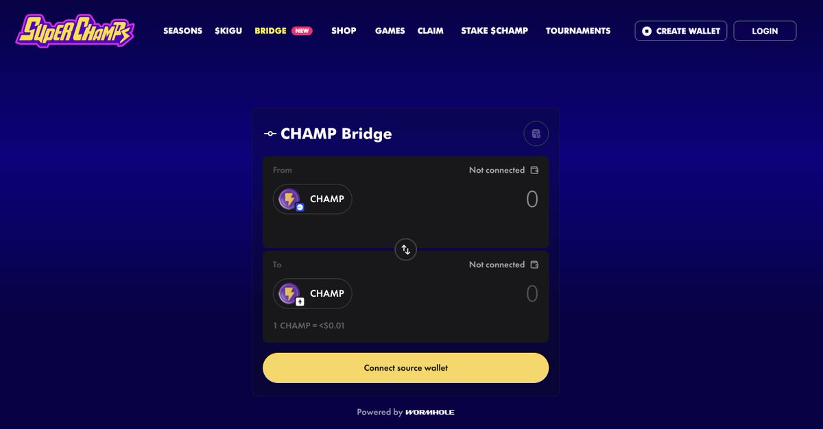 Need to move your $CHAMP? Seamless cross-chain bridging is LIVE. 🔥

Bridge from Base to ETH directly via the Super Champs HQ site, powered by @wormhole ⚡️

Get your $CHAMP where you need them. 🛡️ 