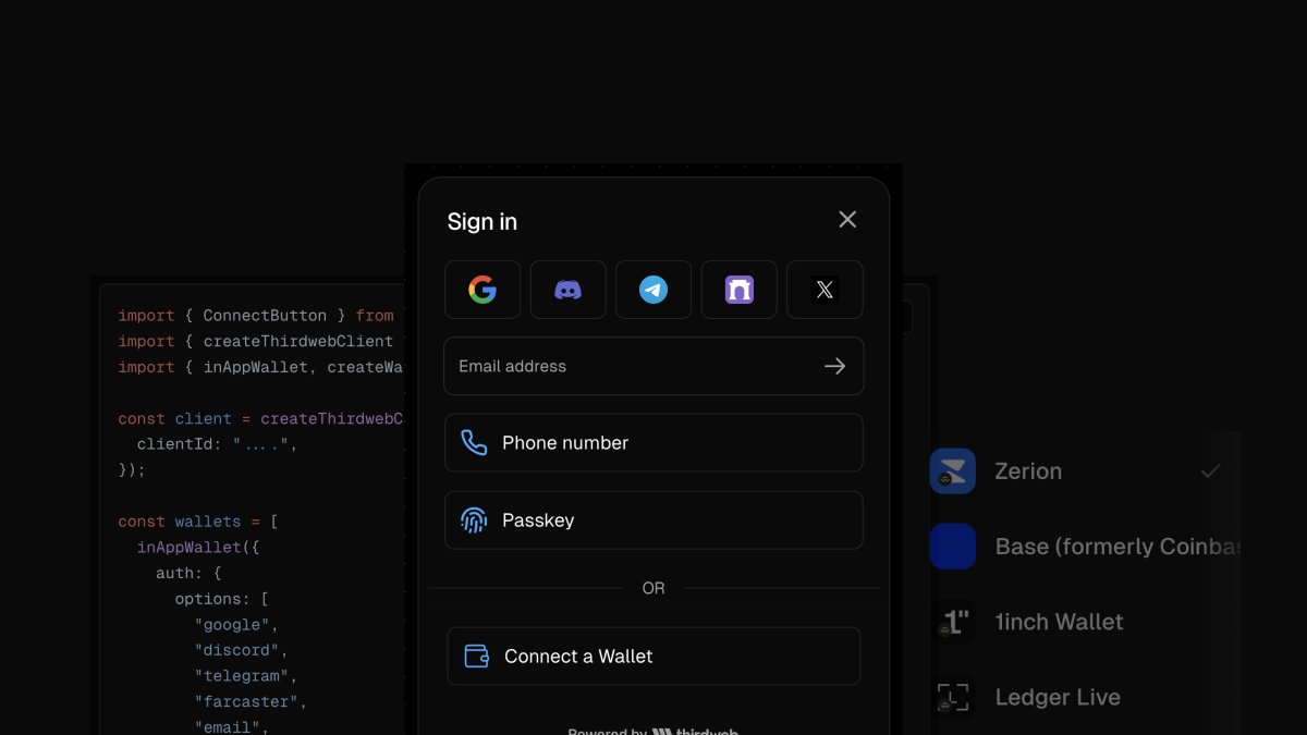 No wallet? No problem.

thirdweb In-App Wallets let users sign in with email, phone, or social. No seed phrases. No extensions.

Just email → wallet → onchain.

Built for apps that need frictionless onboarding. 