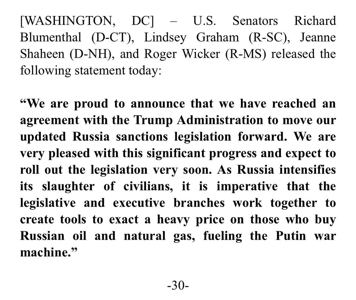 🚨📰 🚨📰

Joint Statement with @SenBlumenthal, @SenatorWicker and @SenatorShaheen Announcing Agreement with the Trump Administration on Legislation to Hold Purchasers of Russian Oil and Natural Gas Accountable 