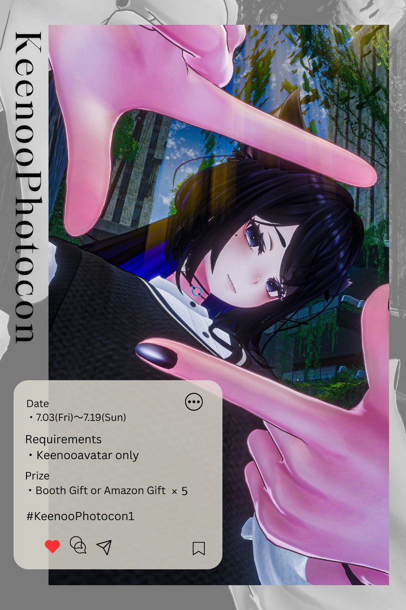 🐾Keenooアバターフォトコンを開催します🐾

7/3から7/19までの期間でフォトコンを開催します✨
今回はうちのショップのアバターであればだれでも参加可能です！

【参加方法】
こちらのタグをつけてお写真と一緒にこのポストを引用リポストしてください！
#KeenooPhotocon1

【賞品】
優秀賞 5名 